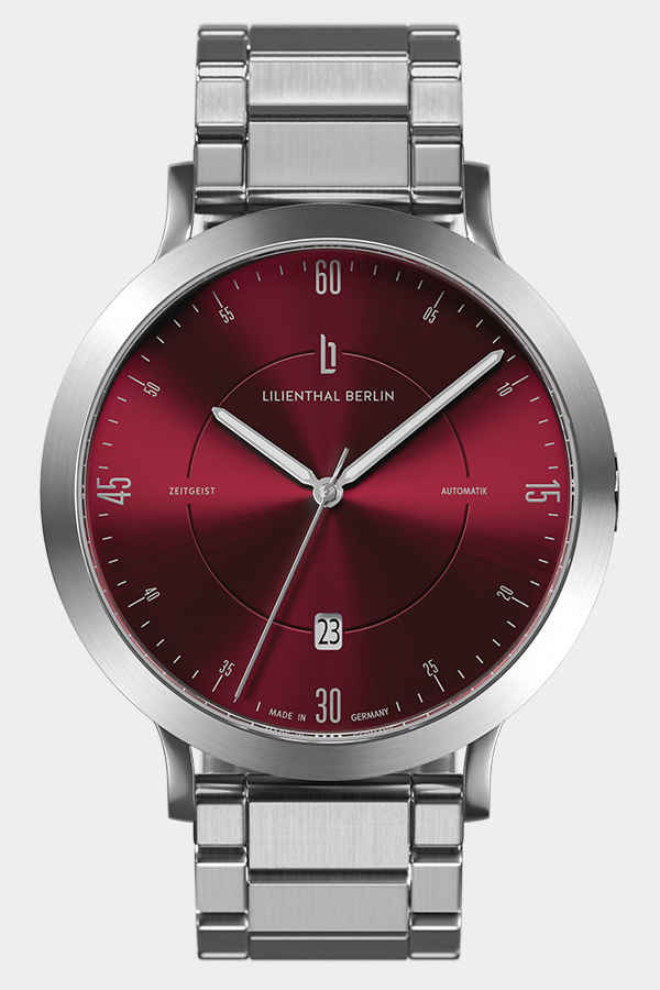 Zeitgeist Automatik - Herrenuhr - Silber Bordeaux - Saphirglas - Edelstahl Silber gebürstet - 42,5 mm - Schweizer Automatikwerk - Lilienthal Berlin