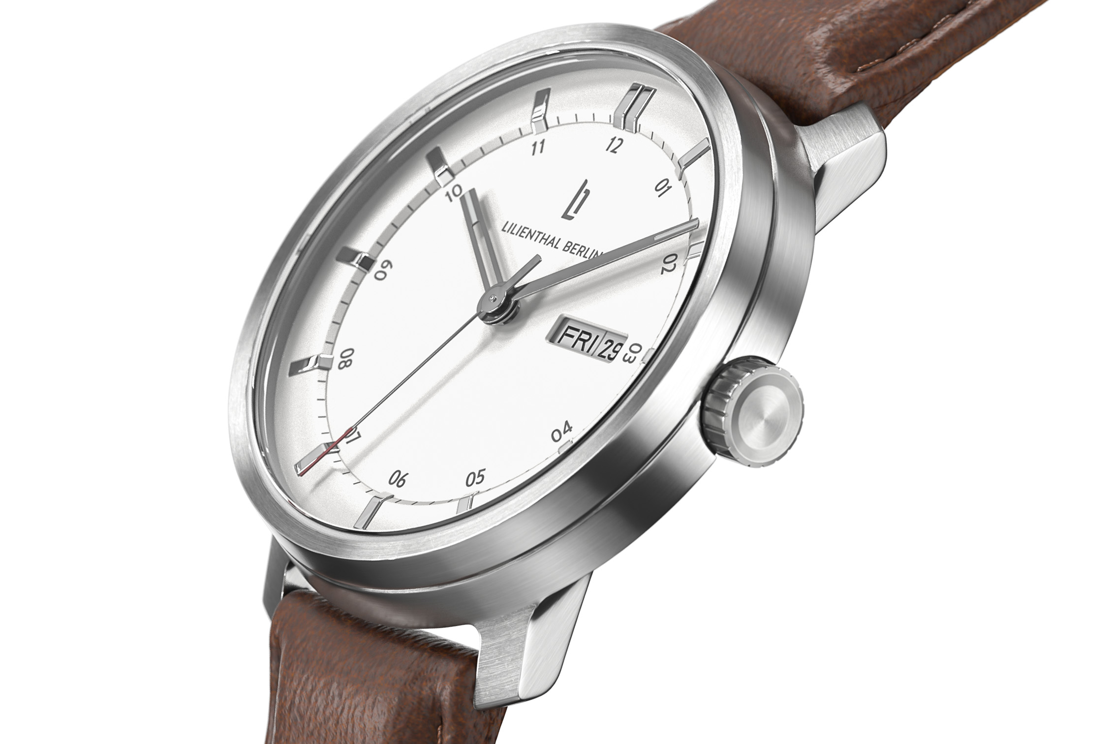 Neolux Day Date Silver White - Leder Dunkelbraun