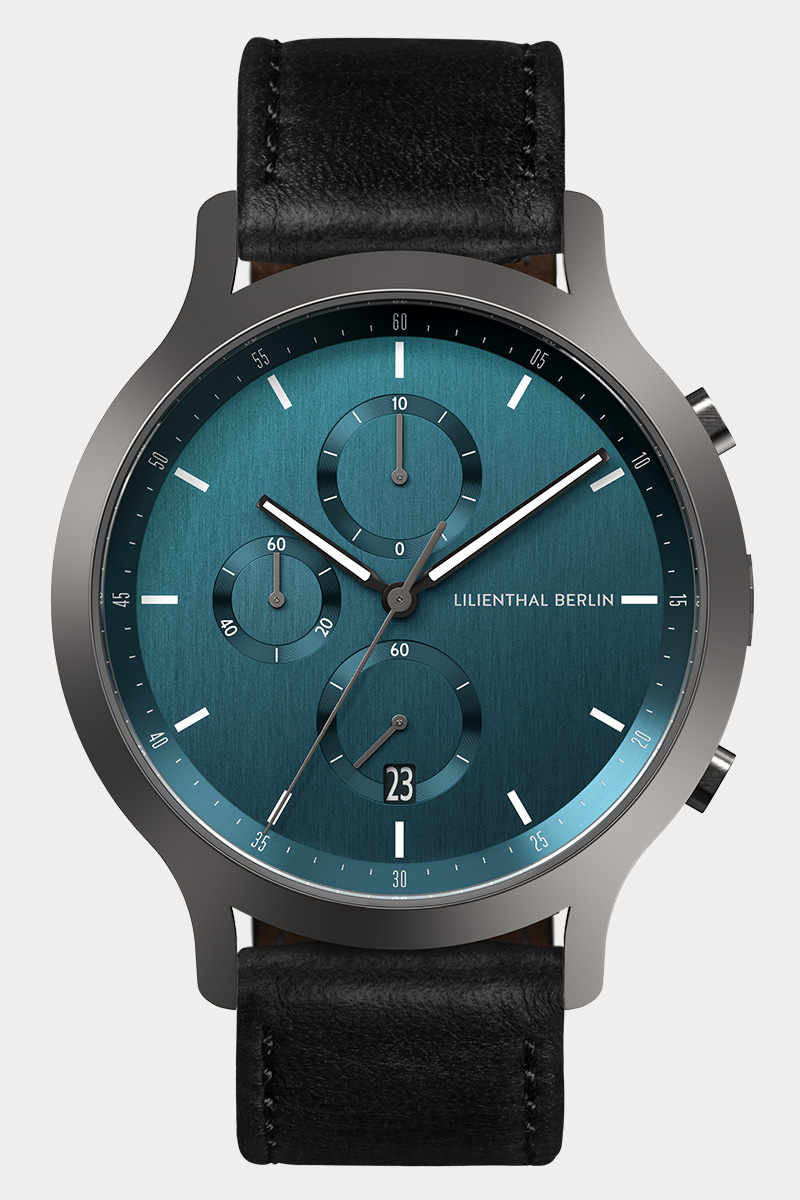 Herren Chronograph Uhr - Grau Grün - Edelstahlgehäuse, Saphirglas, Lederarmband - Datumsanzeige - 42mm , Quarzwerk - Lilienthal Berlin